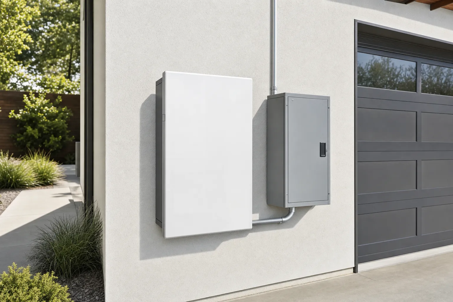Home solar battery storage system mounted on a garage wall