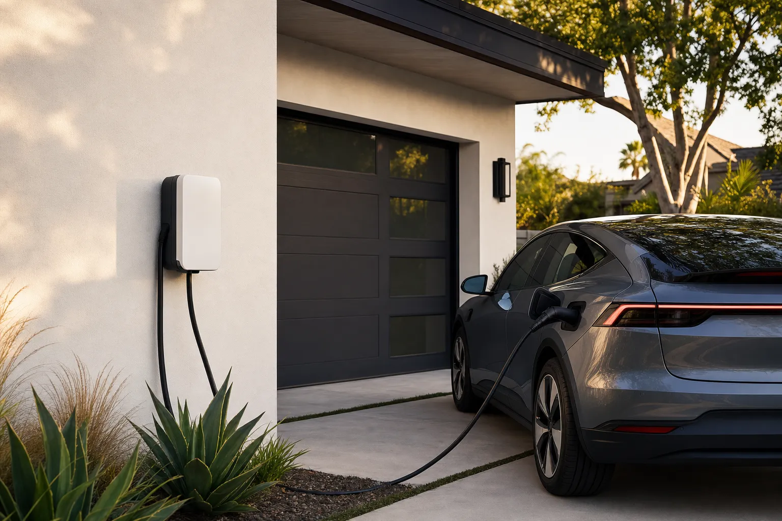 Wall-mounted EV charger connected to an electric vehicle in a home driveway
