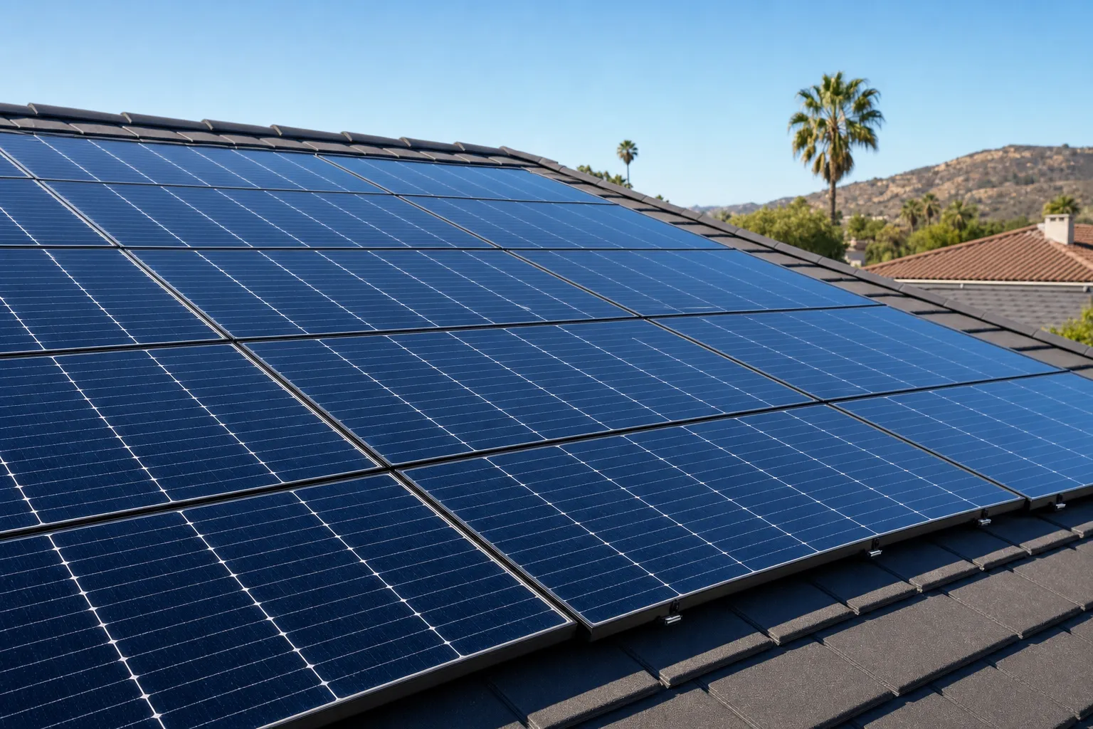 Close-up of a residential solar panel array on a California rooftop