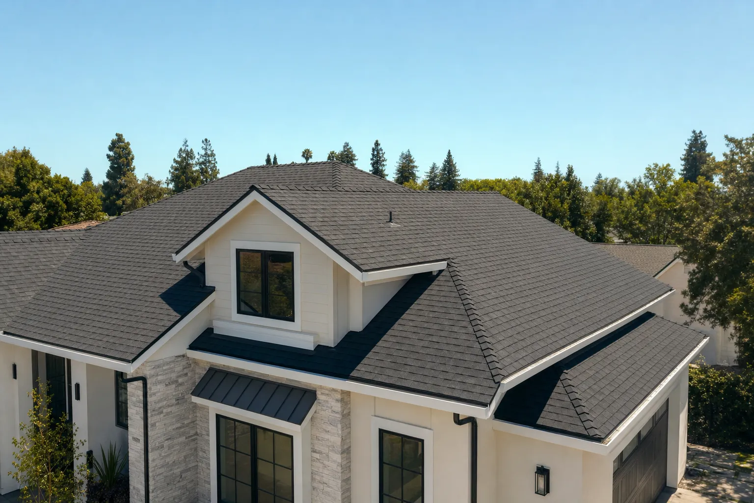 Freshly installed shingle roof on a modern California home
