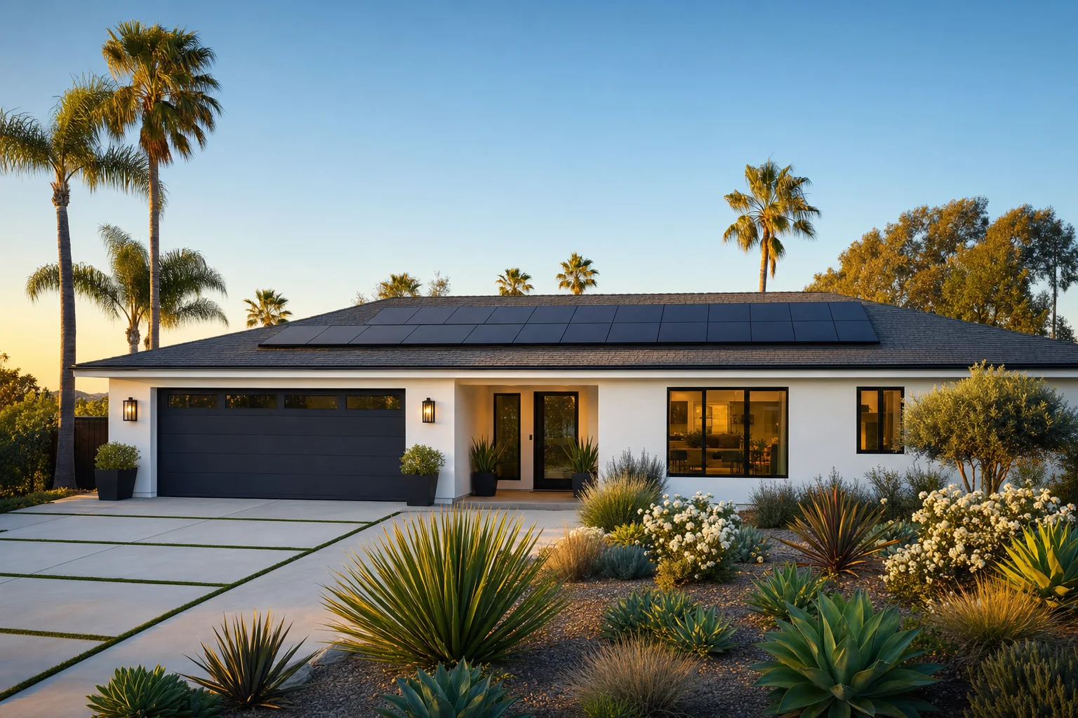 California home with a new roof and rooftop solar panels in warm afternoon light